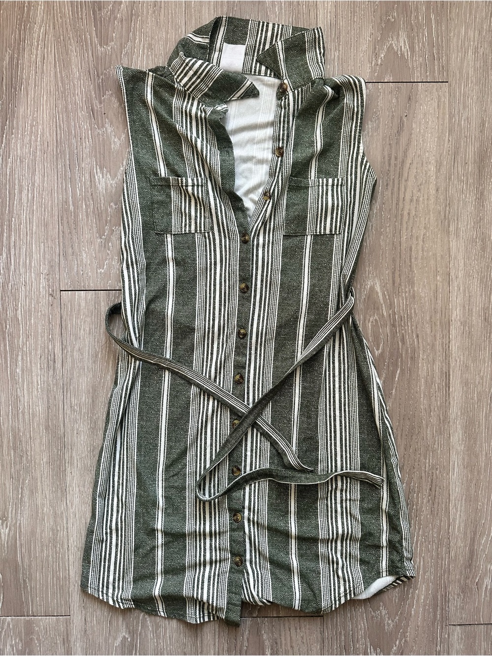 No Boundaries Sleeveless Button-Front Green Striped Shirt Dress